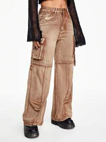 ROMWE Grunge Punk Y2K 复古破洞翻盖口袋洗水锈色宽松直筒低腰牛仔裤 - 棕色 - 查看 3