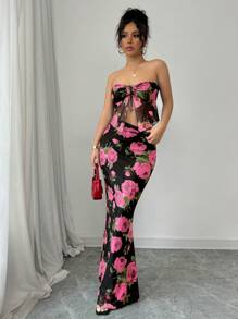 Chiquease 2 件套红色和黑色玫瑰印花服装：系带花卉印花吊带背心短款上衣和花卉印花紧身鱼尾中裙，褶皱/荷叶边玫瑰花朵领带蝴蝶结新年派对礼服，适合女士情人节 - 粉色 - 查看 6