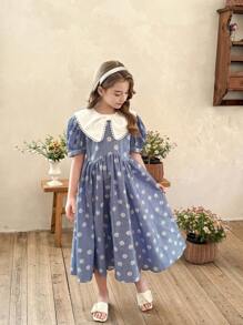 LMoss Kids LMoss Tween Girl 碎花格子褶饰领休闲修身喇叭裙，白色蕾丝翻领，适合春夏季 - 藍色 - 查看 4