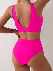 SHEIN Swim Bikini de dos piezas para mujer con top con sujetador y Bottom de color liso, simple y de moda como uso casual para el día a día en verano y vacaciones a la playa - Rosa Fucsia - Ver 2