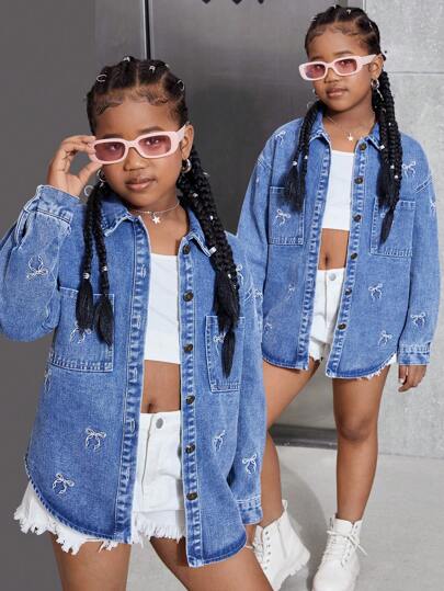 SHEIN Sparklyn Vintage söt rosett broderad söt kollegial stil Vardagliga Casual fitted toppar för tween flickor