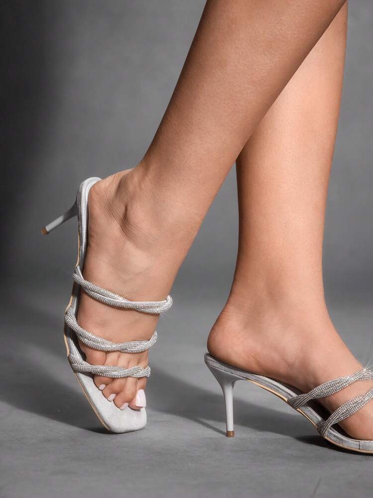 CUCCOO SZL Square Toe High Heel Leather Rhinestone Strap Fashion High Heel Shoes, Party Evening Dress Sandals For Women
