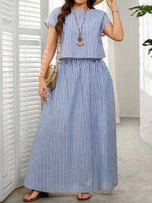 SHEIN LUNE 2 件大码女式条纹圆领短袖衬衫和口袋裙套装夏季春季女装波西米亚风度假装两件套夏装商务休闲女士休闲套装 - 藍白色 - 查看 6