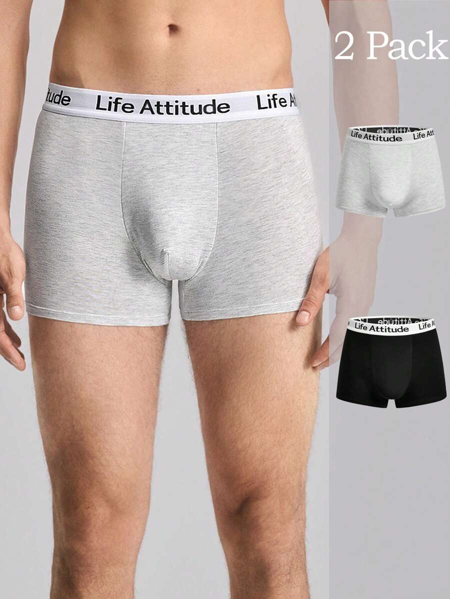 EasyFave 2pcs/Pack Men Letter Waistband Casual Boxer Briefs - Multicolor - View 1
