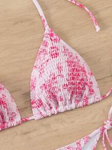 Swim Mod Floral Print Halter Neck Bikini Swimwear Set For Summer Vacation Beach - Hot Pink - View 4