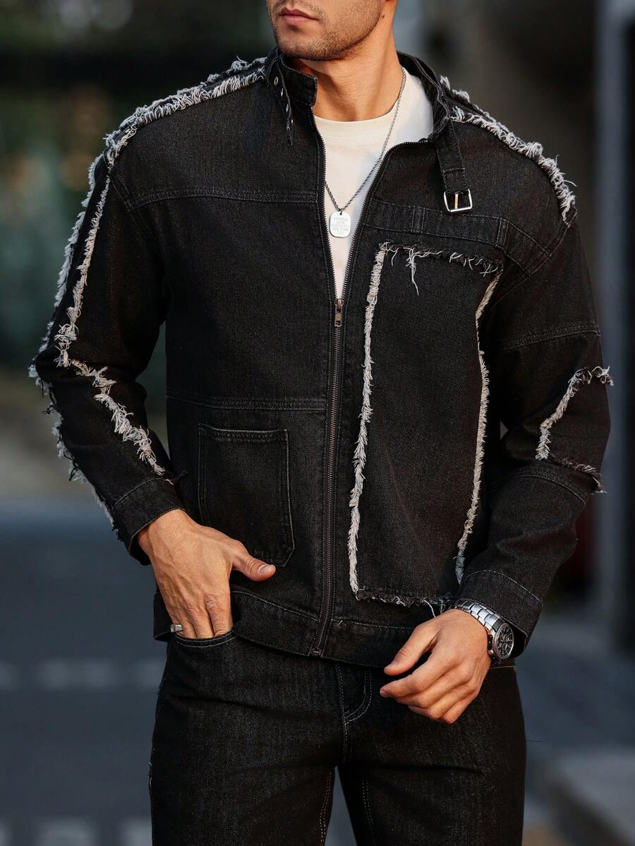 Manfinity Homme Men Patchwork Frayed Hem Zip Up Casual Denim Jacket, Fall - Black - View 1