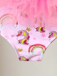 Baby Girl Rainbow Print Contrast Mesh Ruffle Detail One-Piece Swimsuit - Multicolor - View 5