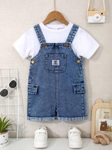 Mirajuku Young Boy Blue Washed Loose Fit Casual Denim Bib Overalls With Pockets,Convenient Front Open Button,Simple Fashionable Daily Wear Summer Holiday - Medium Wash - View 4