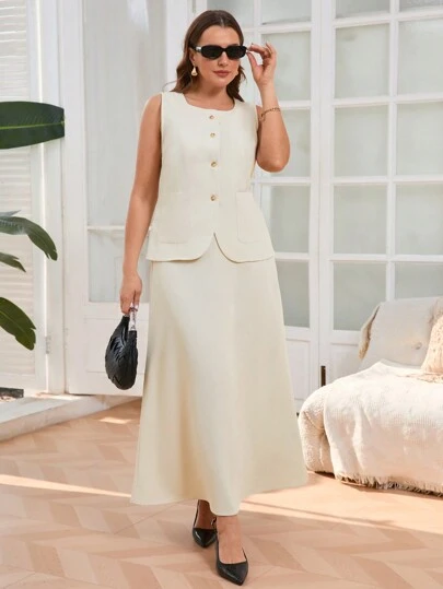 SHEIN Frenchy Plus Size Vest Top And Skirt Suit Set, Minimalist Fashion Casual Everyday Wear