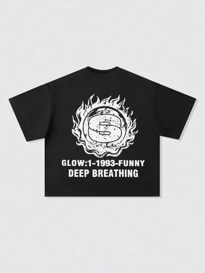 Anime T-shirt imprimé style de rue rétro, coupe ample avec épaules tombantes pour hommes