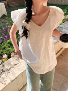 DAZY Women's Solid Color V-Neck Casual Loose Blouse, Daily Wear Summer,Ruffle