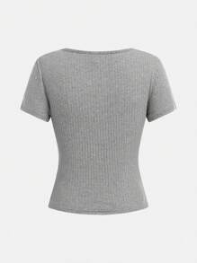 Girlism 3pcs Teens Girl Spring & Summer Ribbed Crew Neck All-Match Fitted Tees, Street Style, Casual, Versatile, Solid Colors - Blue, Black, Gray - Multicolor - View 5