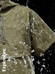 SHEIN Teen Boy Letter Print Short Sleeve Hooded Jacket And Water-Resistant Pants 2 Pieces Set - Black - View 8