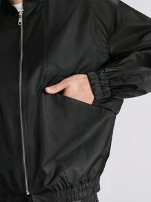 Ontre 秋季男士纯色长袖前拉链休闲棒球夹克 - 黑色 - 查看 3