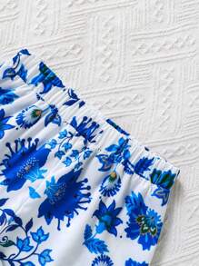 SHEIN مجموعة ملابس علوية كشكش أزرق مع شورت، مناسبة لأجواء العطلات الصيفية، قطعتان - متعدد الألوان - مشاهدة 8