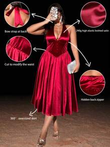 Viva Relle Plus Size Women Deep V-Neck Tie Front Sleeveless Solid Color Sexy Dress,Valentine - Burgundy - View 7