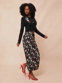 NYA SZN 春季花卉印花纽扣针织开衫夏季节日朴素刺绣休闲女装早午餐上衣 - 黑色 - 查看 6