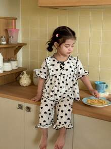 SHEIN Leap Crew Baby Girl Sweet Minimalist Heart Pattern Bow & Ruffle Trim Short Sleeve Soft Comfy Pajama Set, 2pcs - Beige - View 2