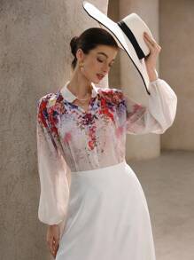 Aveloria Rosie 优雅浪漫中式立领雪纺纽扣印花长袖衬衫，适合情人节