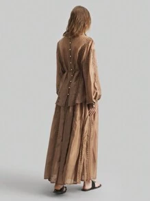 Ontre 女士 2 件套撞色蕾丝 V 领宽松长袖衬衫和长裙度假套装波西米亚风