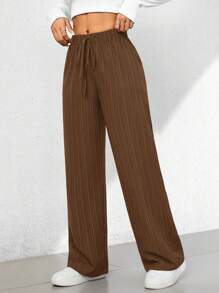 SHEIN PETITE Summer Casual Textured Wide-Leg Capri Pants - Brown - View 3