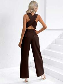 SHEIN Privé Conjunto informal de dos piezas para mujer con chaleco de un solo abotonamiento y pantalones de unicolor