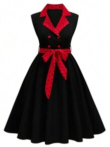 SHEIN Clasi Vestido vintage de talla grande para mujer con estampado de lunares, cintura anudada y sin mangas con cuello de solapa