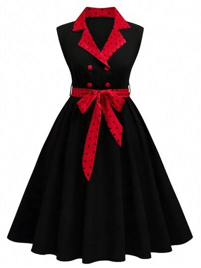 Rometta Plus Size Dam Polka Dot Print Knotted Midja Ärmlös Lapel Vintage Klänning