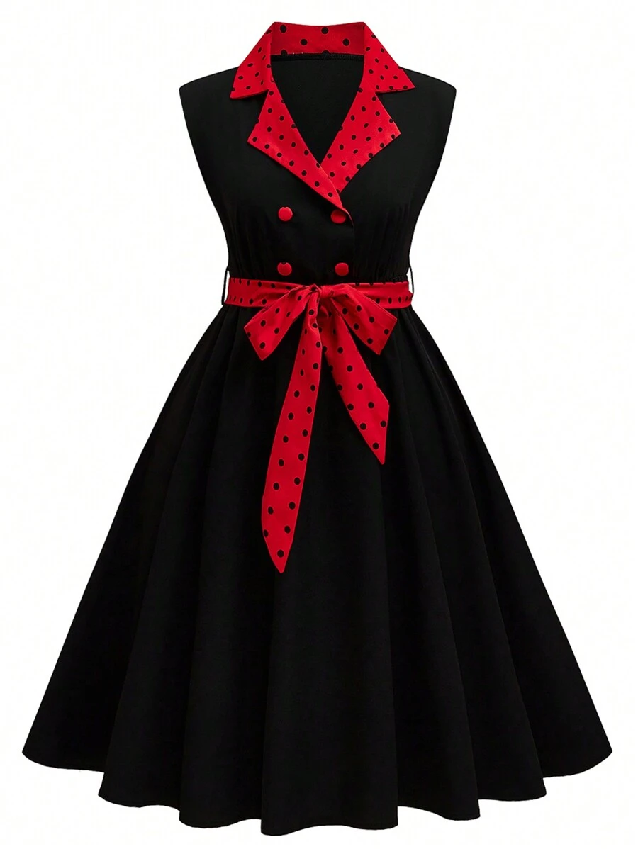 Rometta Plus Size Women Polka Dot Print Knotted Waist Sleeveless Lapel Vintage Dress - Black - View 1