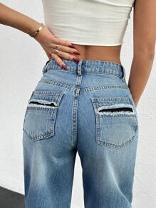 EURMUSE HIGH WAIST BACK DETAILED STRAIGHT LEG JEAN - Medium Wash - View 2
