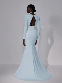 Elitara 优雅奢华浪漫白色性感露背 V 领弹力针织长袖鱼尾超长连衣裙，配有超长拖尾，适合婚礼、单身派对、度假、舞会、新娘礼服 - 淺藍色 - 查看 1