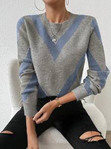 SHEIN LUNE 2024 Autumn/Winter New Arrivals Geometric Striped Pullover Sweater Knit Pullover Fall - Multicolor - View 5