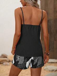 Breezaya 2pcs/Set Women Simple Solid Color Spaghetti Strap Top And Shorts - Black and White - View 2