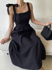 DAZY 女士不对称吊带中长连衣裙搭配喇叭形太阳裙 - 黑色 - 查看 7