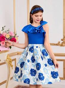 优雅女童两件套公主风童装女童奢华刺绣露肩蝴蝶结提花裙子套装