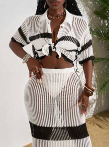 Slaydiva 2pcs Women Sets: Solid Color Patchwork Short Sleeve Top And Skirt - Black and White - View 5