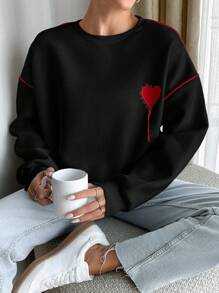 RueChic Cotton Red Heard Embroidered White Sweatshirt With Red Piping At Sleeves - Black - View 3