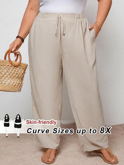 SHEIN CURVE+ Pantalones informales con bolsillos de tallas grandes en color albaricoque con decoración de lazo, estilo francés bohemio para vacaciones
