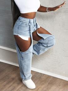 SHEIN Slayr Jeans droits sexy amples à poches et découpes pour femmes
