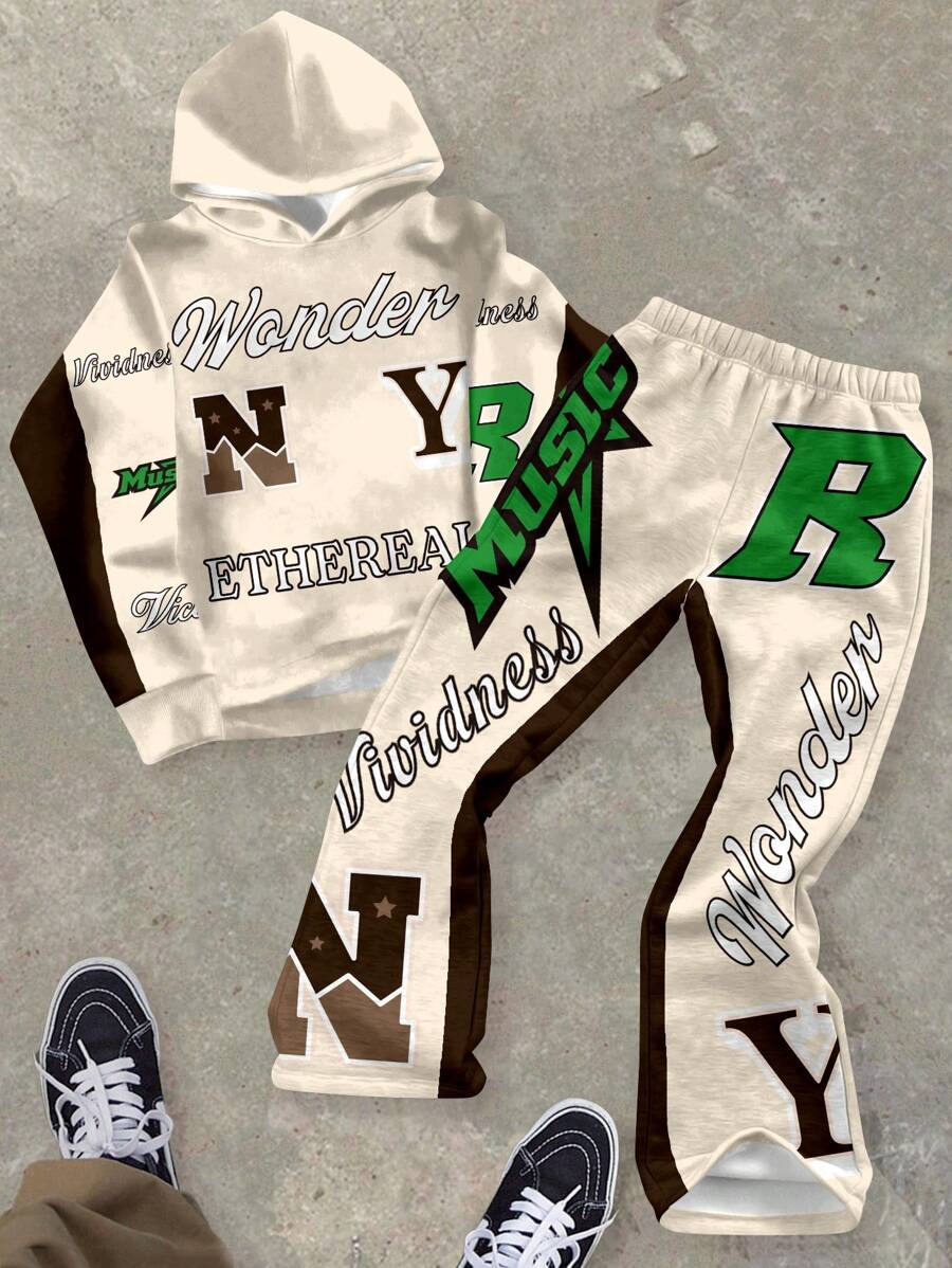 SHEIN Leap Crew Bộ 2 món áo hoodie và quần dài in họa tiết cổ điển tối giản cho bé trai tuổi mới lớn, phù hợp cho mùa thu/đông - Nhiều màu - Xem 1