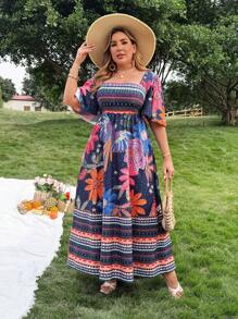 Flirla 大码波西米亚风方领短袖花卉印花休闲连衣裙，适合夏季