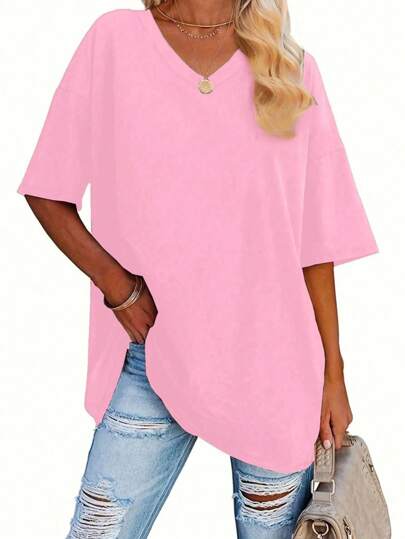 EMERY ROSE Plus Size Solid Half Sleeve T-Shirt, Casual V Neck T-Shirt For Summer, Women's Plus Size Clothing Graphic Tees Women Tops