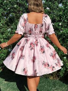 Flirla Plus Size Women Boho Square Neck Bowknot Waist Print Short Sleeve Elegant Vintage Resort Dress, For Summer - Pink - View 2