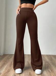 SHEIN EZwear 大码女式吸湿排汗高腰巧克力棕色针织喇叭紧身裤，百搭又显瘦