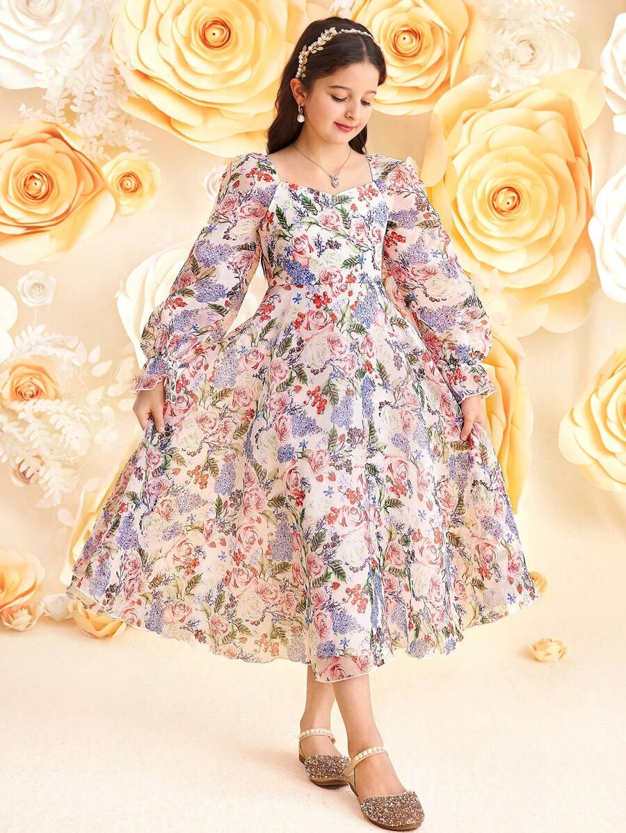SHEIN Tween Girl Fancy Organza Floral Rhinestone Collar Puff Sleeve Dress, Ramadan - Multicolor - View 1