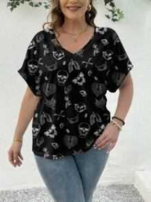 SHEIN LUNE 大码女式万圣节休闲简约鬼魂、南瓜、蝙蝠图案 V 领短袖 T 恤，适合夏季 - 白色 - 查看 3