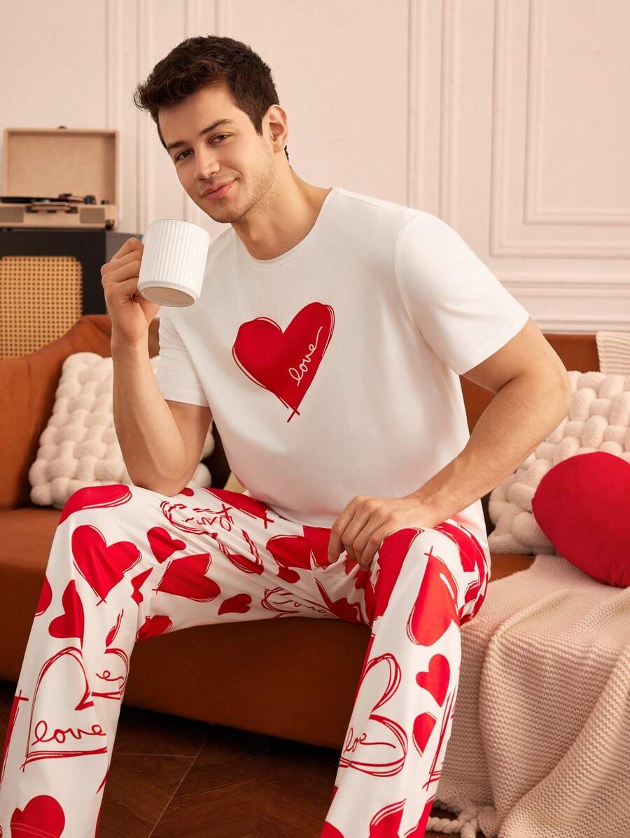 Notgurli Men's Pajama Set With Heart Pattern T-Shirt And Long Pants, For Christmas - Red and White - View 1