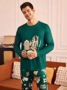 Happy Jammies Conjunto de pijama de pantalón largo y top de manga larga con estampado de vaca para hombre