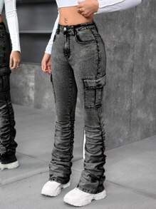 SHEIN Teen Girls Y2K Stonewashed Flared Jeans With Pleats And Flap Pocket Stacked Jeans - Light Grey - View 3