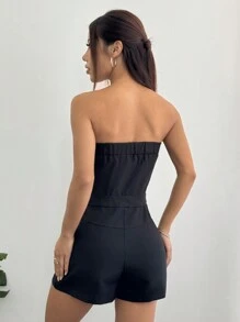 SHEIN Unity 休闲风格编织左右口袋，正面和中心彩色纽扣闭合，合身女式连体衣 - 黑色 - 查看 2